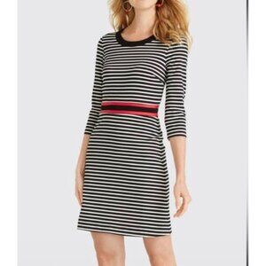 Draper James Black & White Striped 3/4 Sleeve Dress With Red Waist Detail & Back